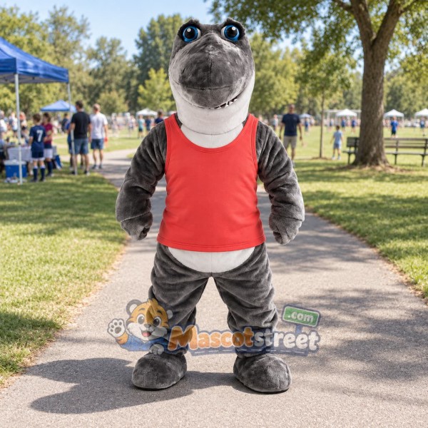 Gray Shark Mascot Costume with Red Shirt