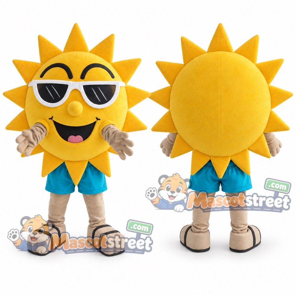 Yellow Sun Mascot Costume with Teal Shorts and Sunglasses Yellow Sun Mascot Costume with Teal Shorts and Sunglasses