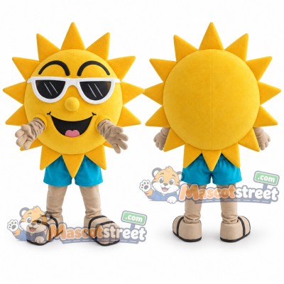 Yellow Sun Mascot Costume with Teal Shorts and Sunglasses Yellow Sun Mascot Costume with Teal Shorts and Sunglasses