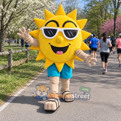 Yellow Sun Mascot Costume with Teal Shorts and Sunglasses Yellow Sun Mascot Costume with Teal Shorts and Sunglasses