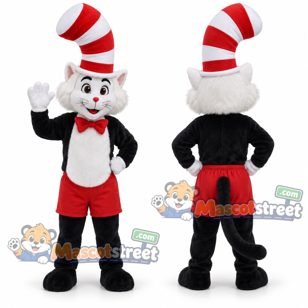 Black and White Cat Mascot Costume with Red and White Striped Hat Black and White Cat Mascot Costume with Red and White Striped Hat