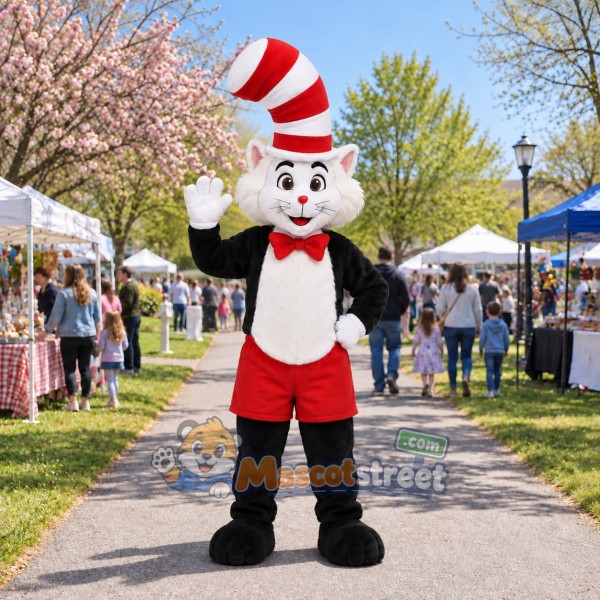 Black and White Cat Mascot Costume with Red and White Striped Hat