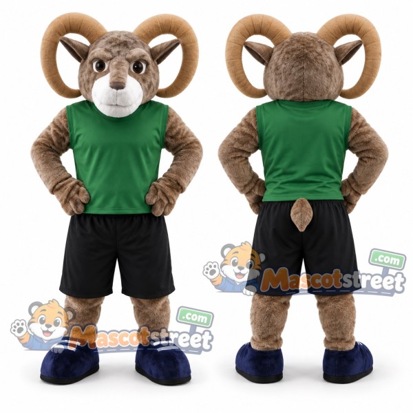 Brown Ram Mascot Costume with Green Shirt and Black Shorts