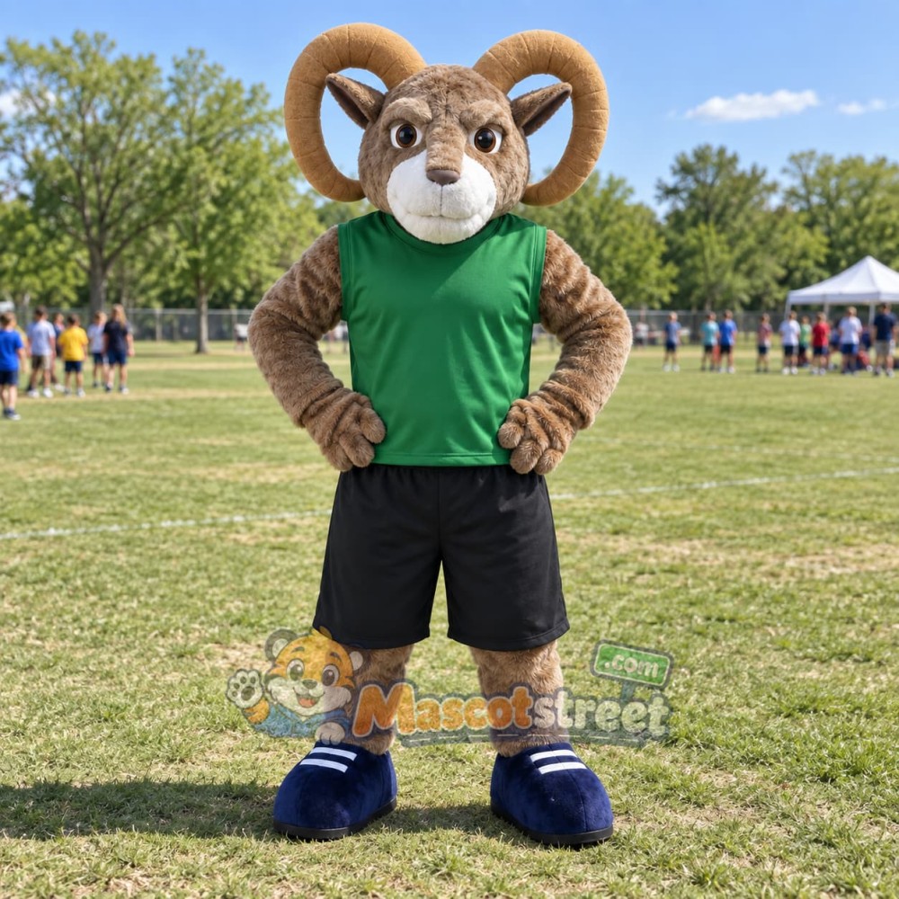 Brown Ram Mascot Costume with Green Shirt and Black Shorts
