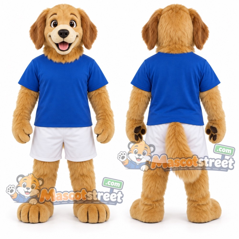 Golden Dog Mascot Costume with Blue Shirt and White Shorts