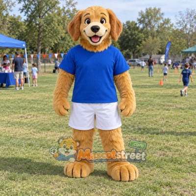 Golden Dog Mascot Costume with Blue Shirt and White Shorts