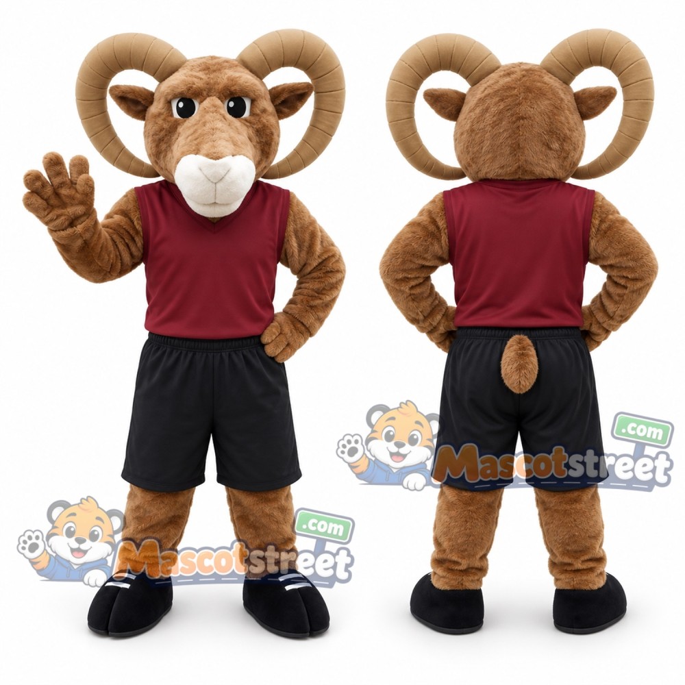 Brown Ram Mascot Costume with Burgundy Shirt and Black Shorts