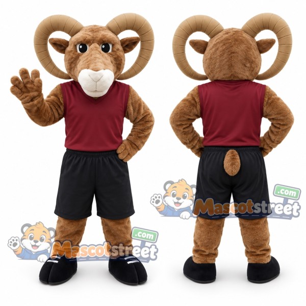 Brown Ram Mascot Costume with Burgundy Shirt and Black Shorts