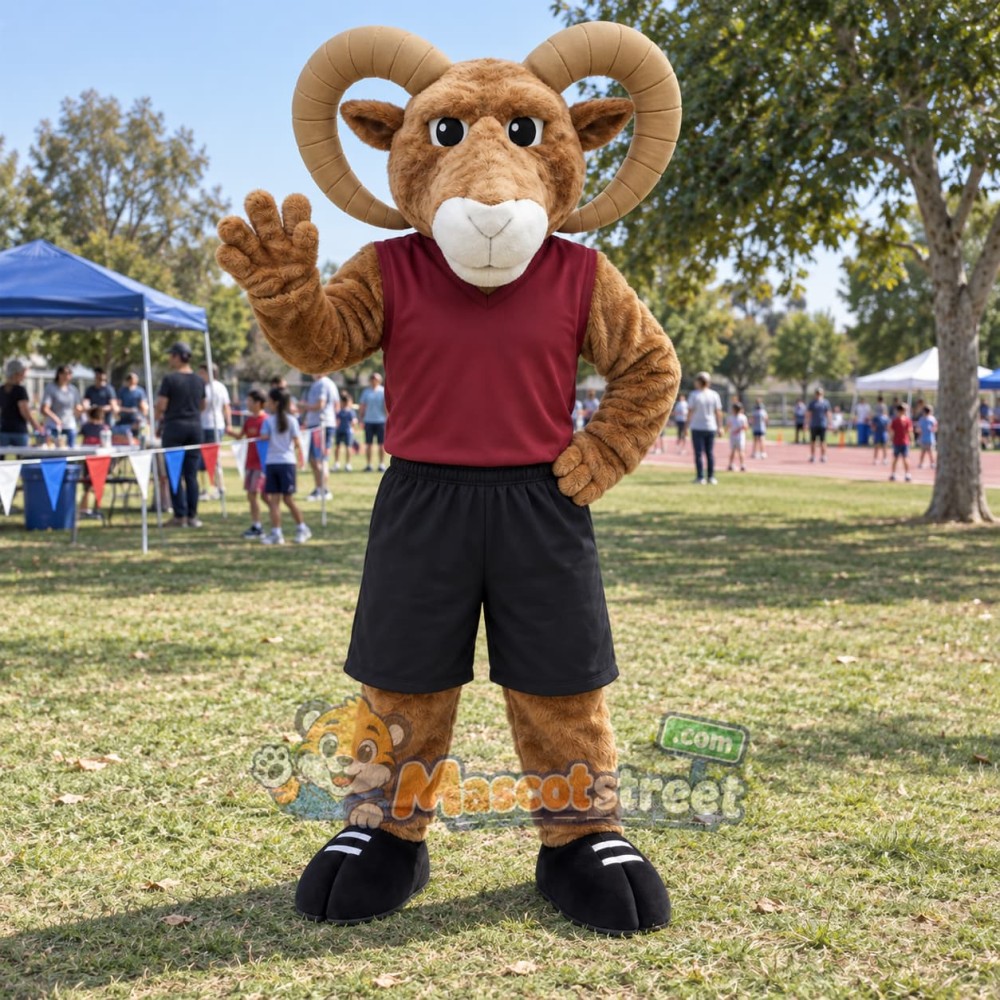 Brown Ram Mascot Costume with Burgundy Shirt and Black Shorts