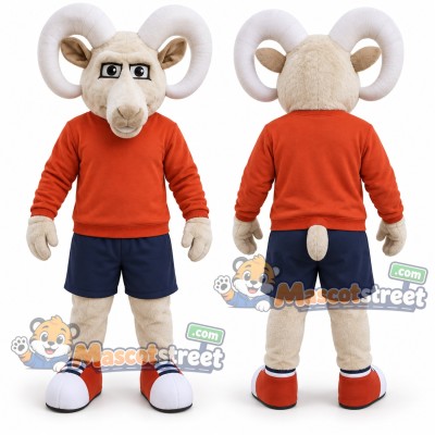 White Ram Mascot Costume with Orange Sweater and Navy Shorts White Ram Mascot Costume with Orange Sweater and Navy Shorts