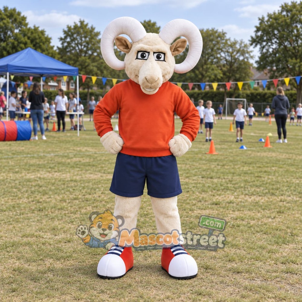 White Ram Mascot Costume with Orange Sweater and Navy Shorts White Ram Mascot Costume with Orange Sweater and Navy Shorts