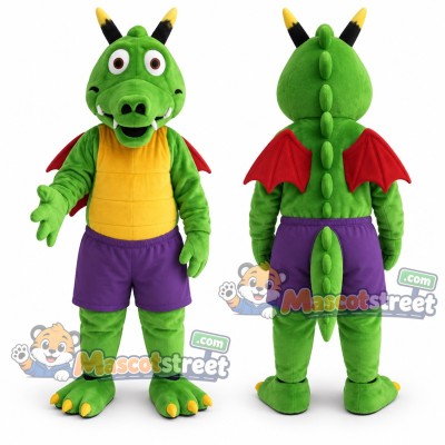Green Dragon Mascot Costume with Yellow Shirt and Purple Shorts