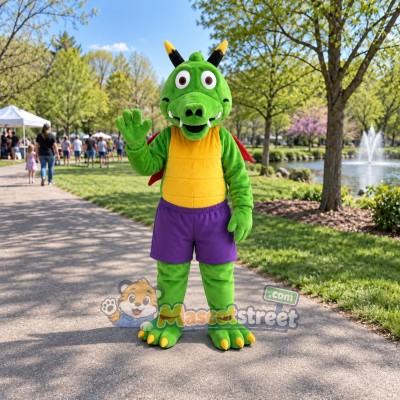 Green Dragon Mascot Costume with Yellow Shirt and Purple Shorts
