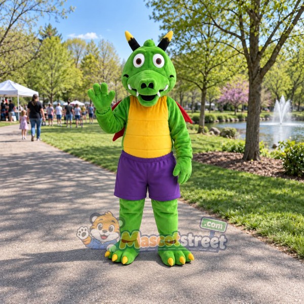 Green Dragon Mascot Costume with Yellow Shirt and Purple Shorts
