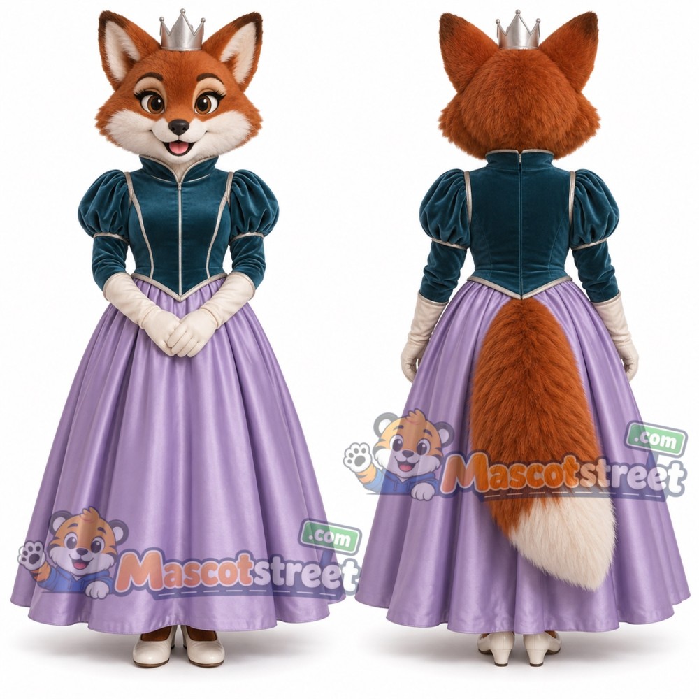 Orange Fox Princess Mascot Costume with Teal Bodice and Purple Gown