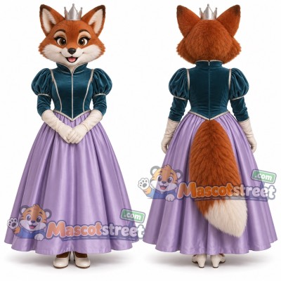 Orange Fox Princess Mascot Costume with Teal Bodice and Purple Gown