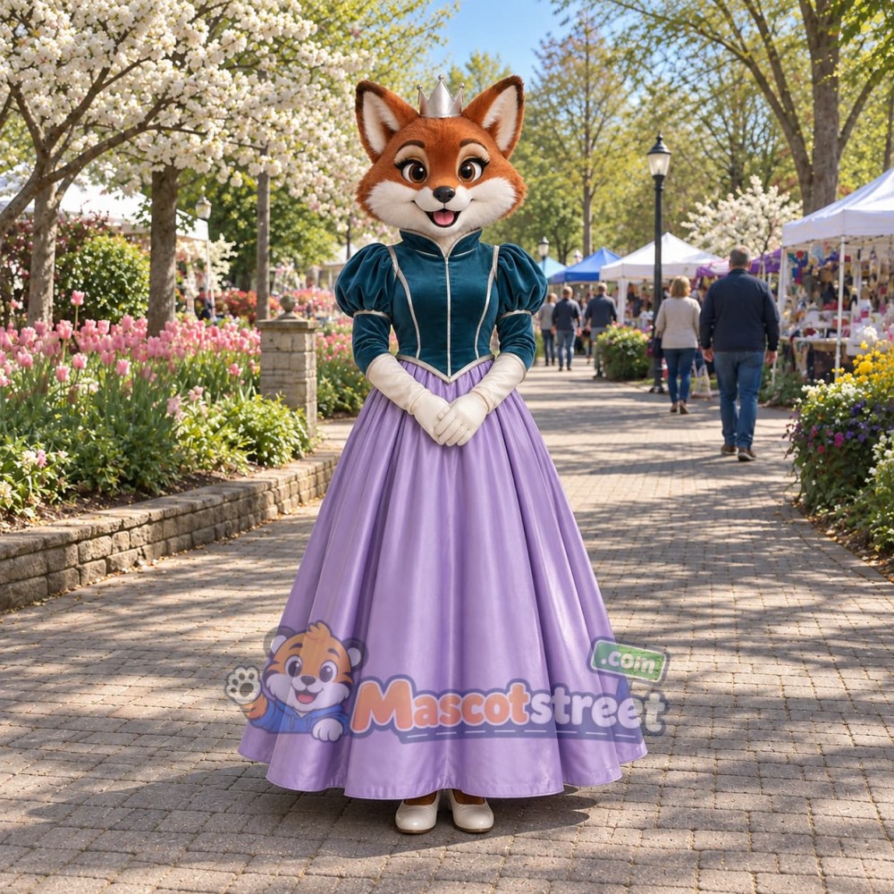 Orange Fox Princess Mascot Costume with Teal Bodice and Purple Gown