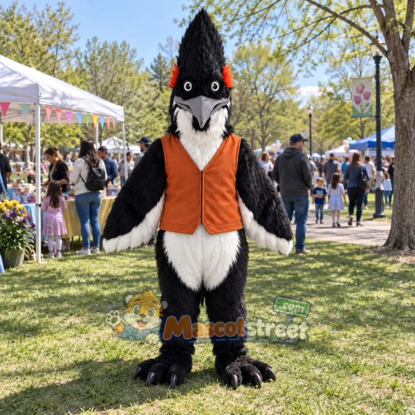 Black Roadrunner Mascot Costume with Orange Vest