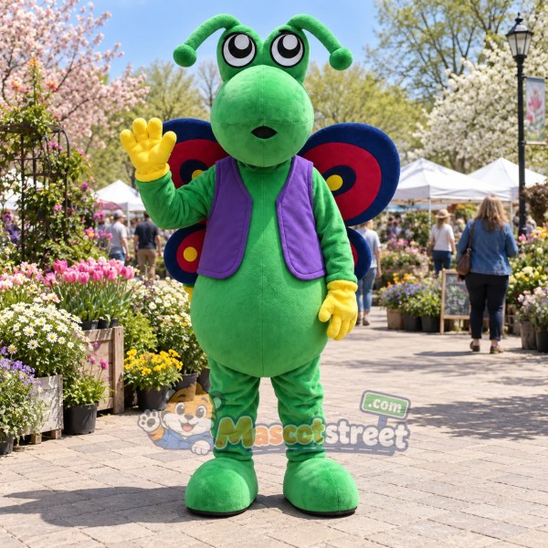 Green Butterfly Mascot Costume with Purple Vest