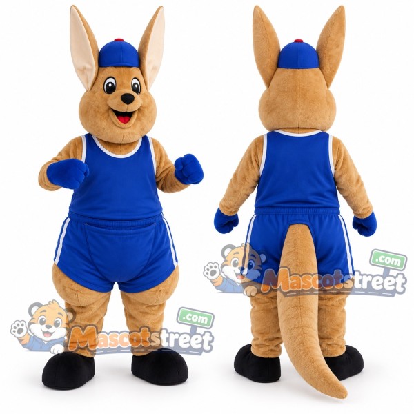 Tan Kangaroo Mascot Costume with Blue Overalls and Cap