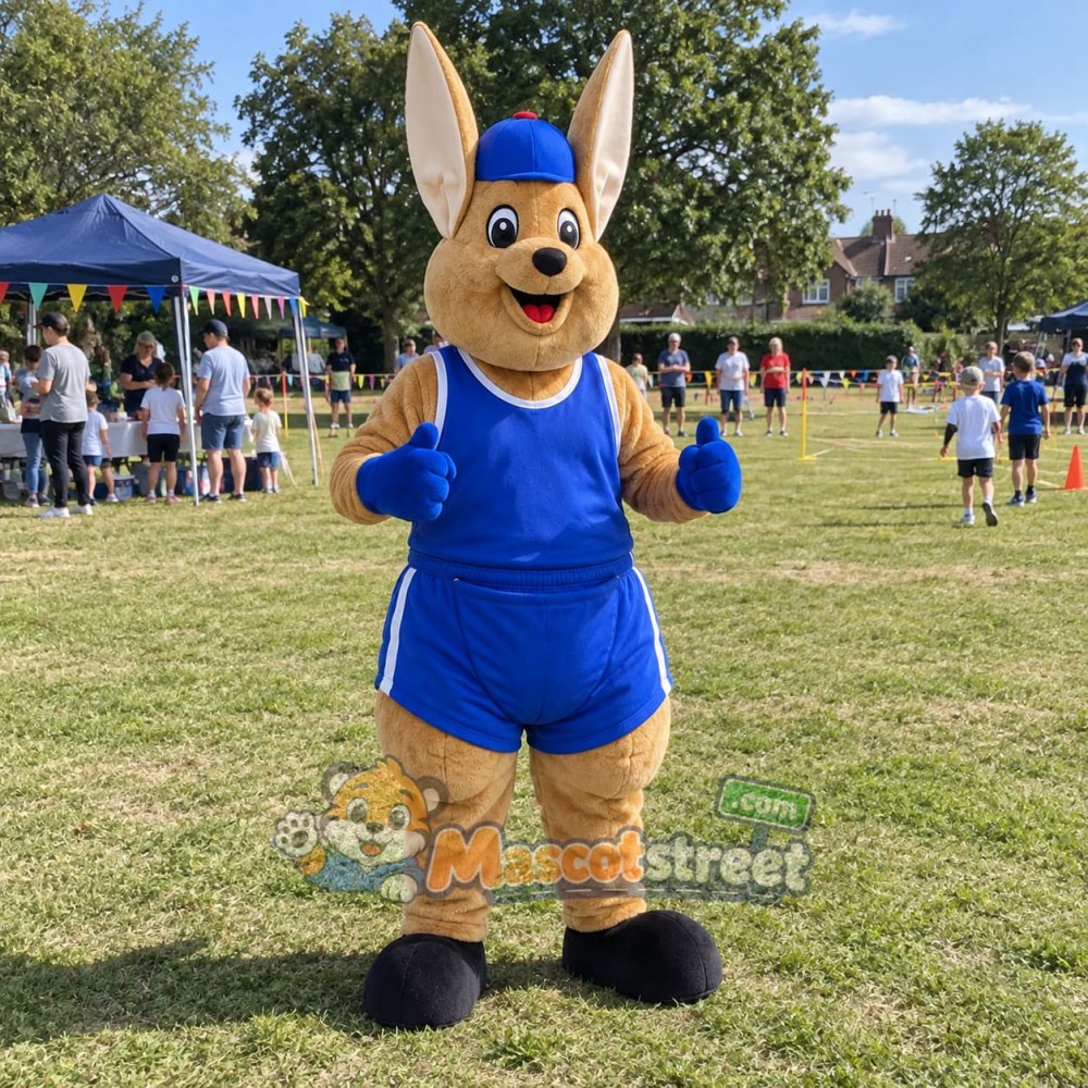 Tan Kangaroo Mascot Costume with Blue Overalls and Cap Tan Kangaroo Mascot Costume with Blue Overalls and Cap