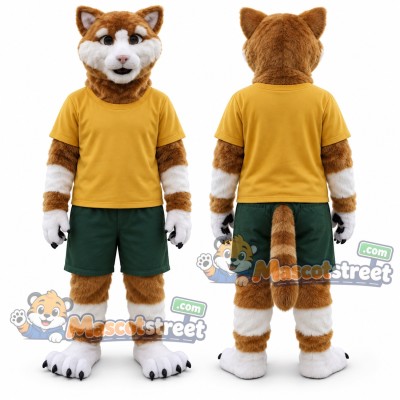 Brown and White Cat Mascot Costume with Yellow Shirt and Green Shorts