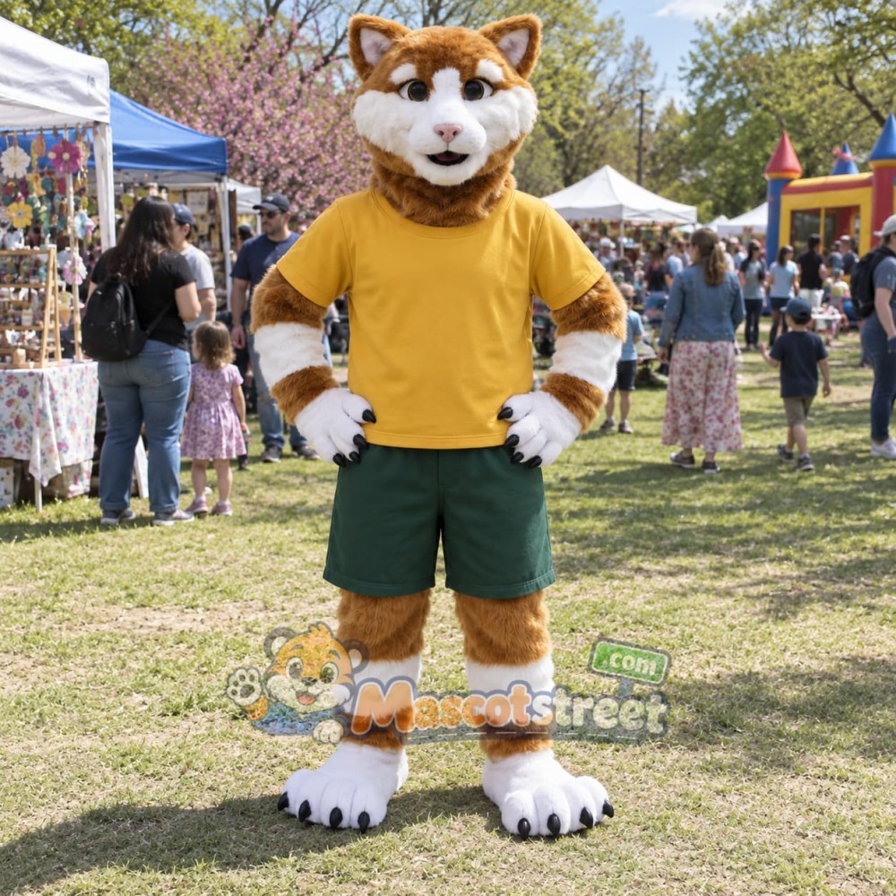 Brown and White Cat Mascot Costume with Yellow Shirt and Green Shorts