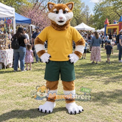 Brown and White Cat Mascot Costume with Yellow Shirt and Green Shorts