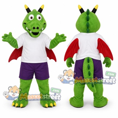 Green Dragon Mascot Costume with White Shirt and Purple Shorts