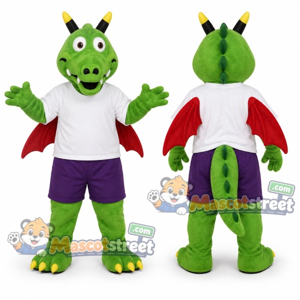 Green Dragon Mascot Costume with White Shirt and Purple Shorts
