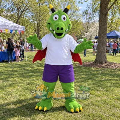 Green Dragon Mascot Costume with White Shirt and Purple Shorts