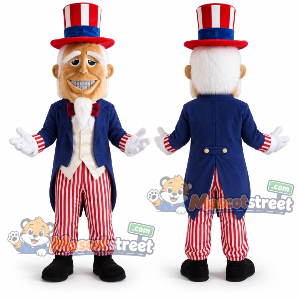 Uncle Sam Mascot Costume with Blue Coat and Striped Pants