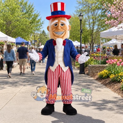 Uncle Sam Mascot Costume with Blue Coat and Striped Pants