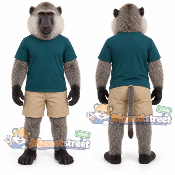 Gray Baboon Mascot Costume with Teal Shirt and Khaki Shorts
