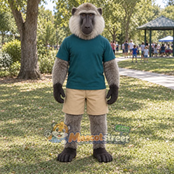 Gray Baboon Mascot Costume with Teal Shirt and Khaki Shorts