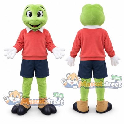 Green Frog Mascot Costume with Coral Shirt and Navy Shorts Green Frog Mascot Costume with Coral Shirt and Navy Shorts