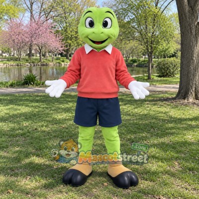 Green Frog Mascot Costume with Coral Shirt and Navy Shorts Green Frog Mascot Costume with Coral Shirt and Navy Shorts