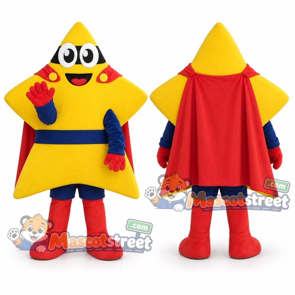 Yellow Superhero Star Mascot Costume with Red Cape Yellow Superhero Star Mascot Costume with Red Cape