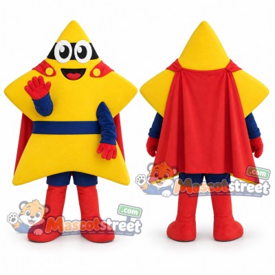 Yellow Superhero Star Mascot Costume with Red Cape Yellow Superhero Star Mascot Costume with Red Cape