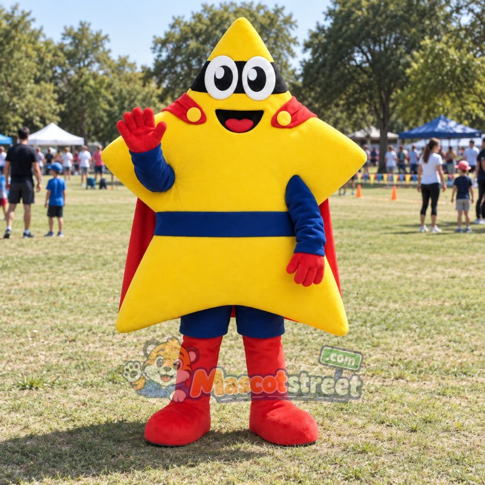 Yellow Superhero Star Mascot Costume with Red Cape Yellow Superhero Star Mascot Costume with Red Cape