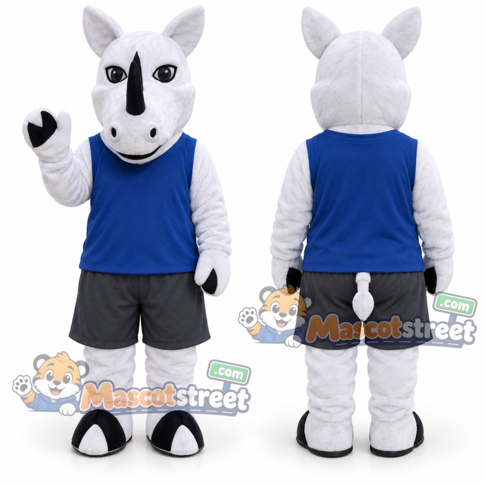 White Rhino Mascot Costume with Blue Shirt and Gray Shorts