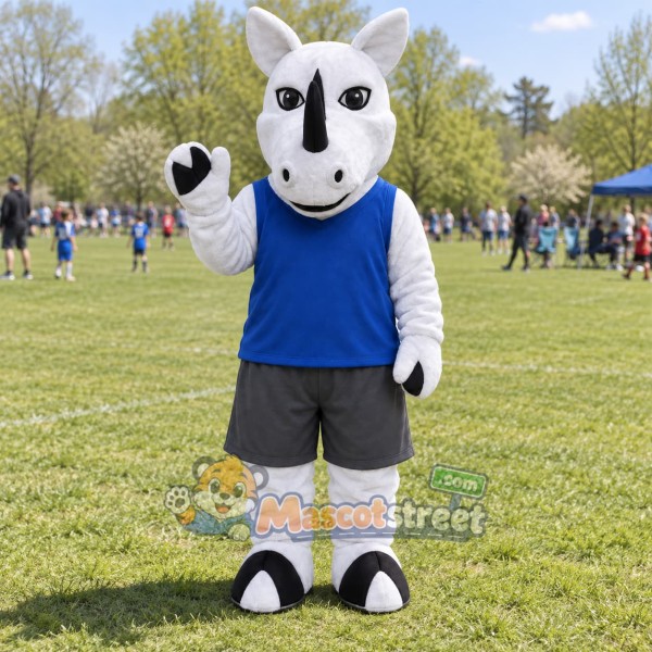 White Rhino Mascot Costume with Blue Shirt and Gray Shorts