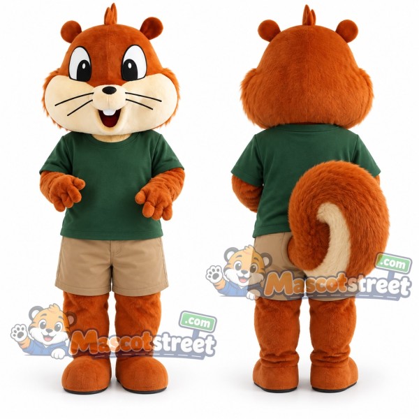 Brown Squirrel Mascot Costume with Green Shirt and Khaki Shorts