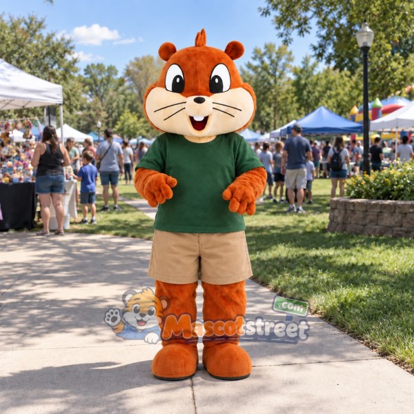 Brown Squirrel Mascot Costume with Green Shirt and Khaki Shorts
