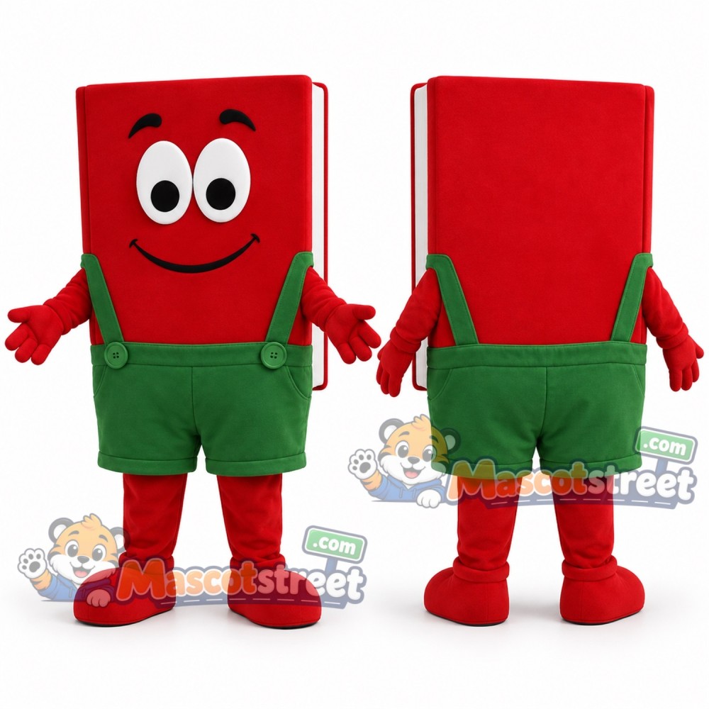 Red Book Mascot Costume with Green Overalls Red Book Mascot Costume with Green Overalls