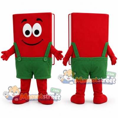 Red Book Mascot Costume with Green Overalls Red Book Mascot Costume with Green Overalls