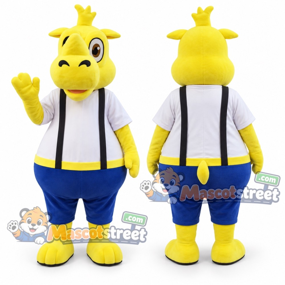Yellow Rhino Mascot Costume with White Shirt and Suspenders
