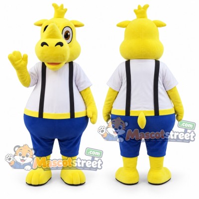 Yellow Rhino Mascot Costume with White Shirt and Suspenders