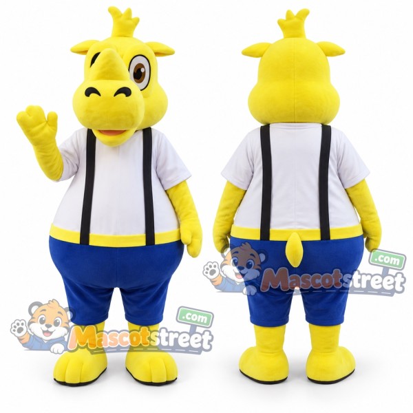 Yellow Rhino Mascot Costume with White Shirt and Suspenders