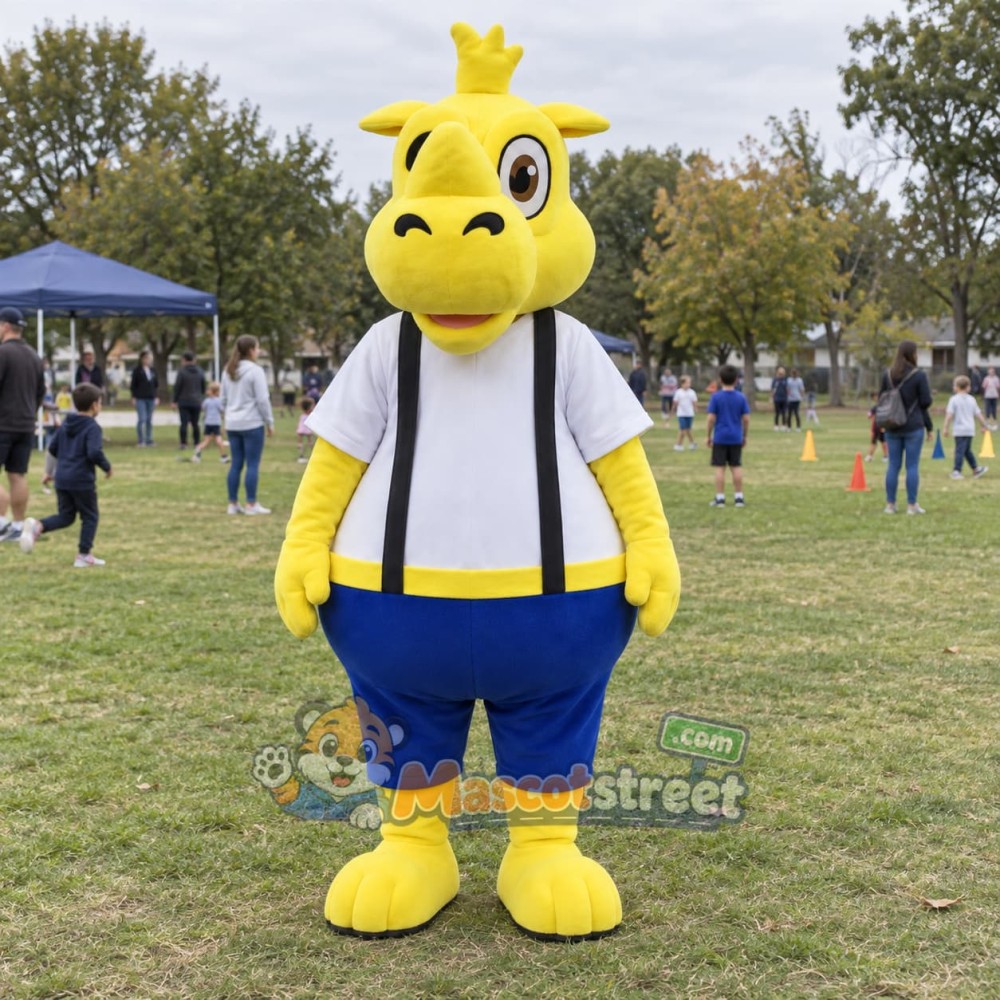 Yellow Rhino Mascot Costume with White Shirt and Suspenders
